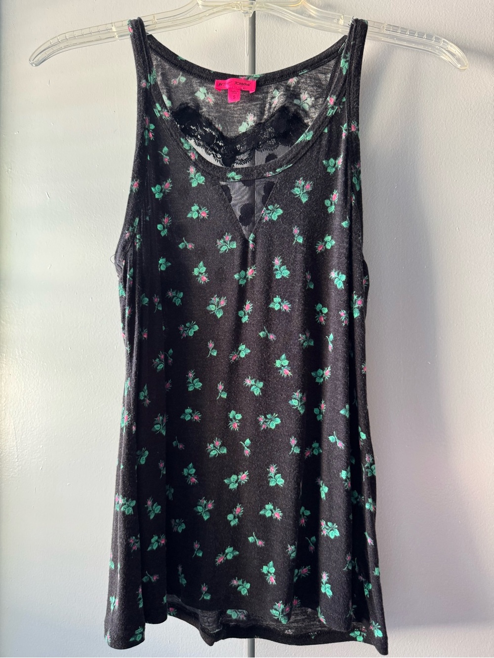 Betsey Johnson Black Tank Top with Pink Label and Green Floral Print